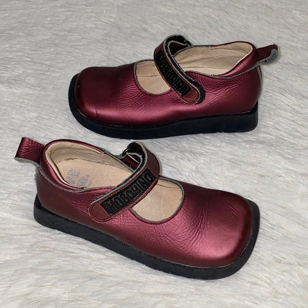 Love Moschino Burgundy Girls Sz 4 Mary Jane Leather Rubber Logo Shoes - Picture 12 of 13